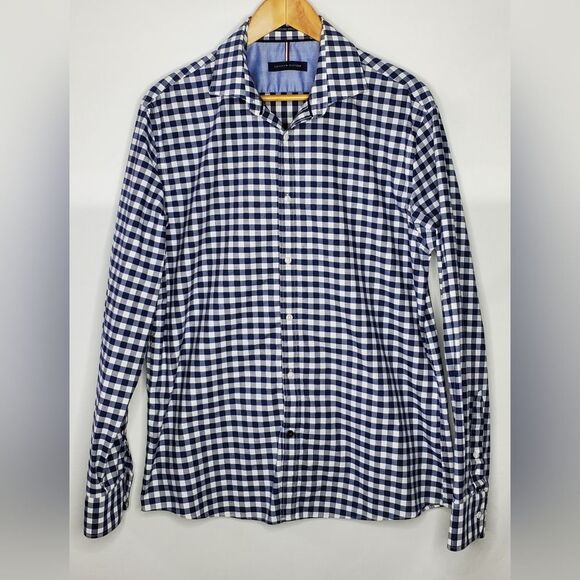 Men's Tommy Hilfiger Wrinkle Free Long Sleeve Navy & White Shirt 16 1/2 - 34/35 - Picture 1 of 6